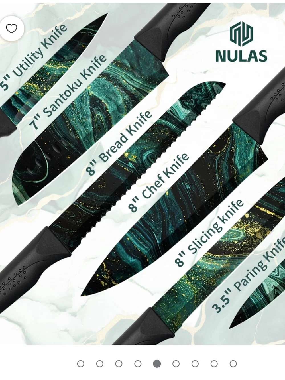 👨‍🍳🍴👩‍🍳  NULAS Knife Set, 6-PC Colorful Green Marble Pattern Knife Set. 👨‍🍳🍴👩‍🍳